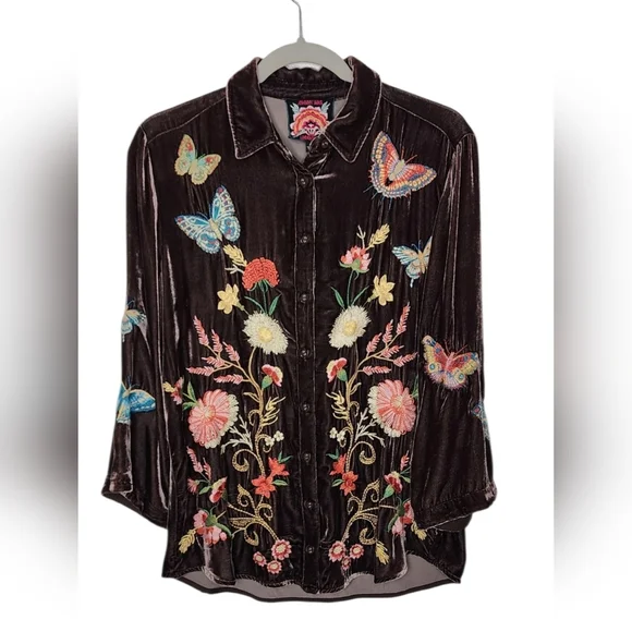 Johnny Was Velvet Kimono Sleeve Brown Luciana Butterfly Shirt Women's Size XS - Picture 6 of 12